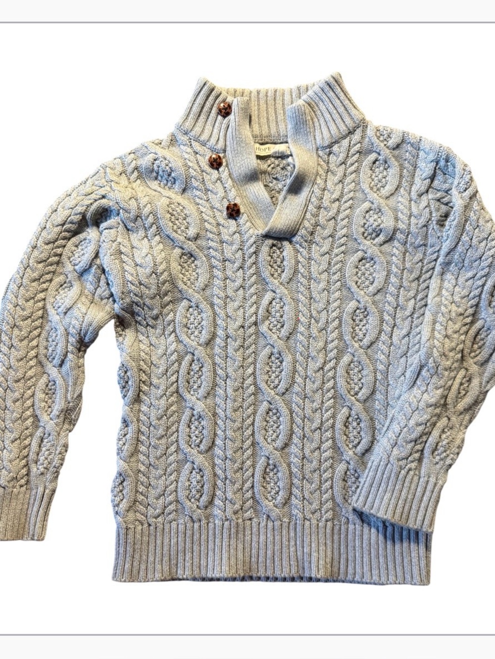 Hope & Henry Boys Gray Cable Knit Shawl Collar Sweater Size XS Button Neck Cotto